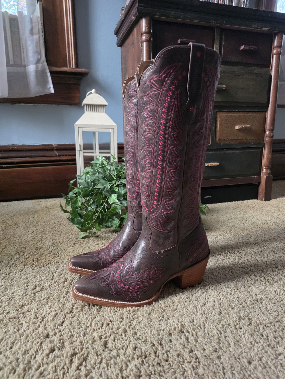 Durango Brown Leather Western Knee-High Boots with Pink Stitching